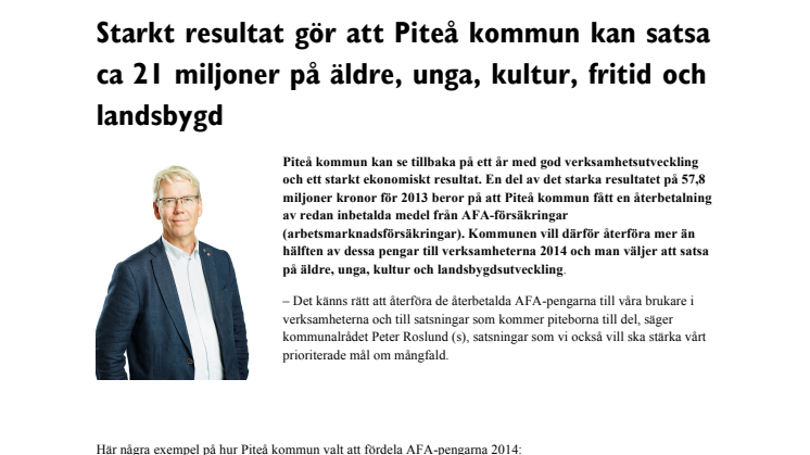 Stark ekonomi gör att Piteå kommun satsar ca 21 miljoner på äldre, unga, kultur, fritid och landsbygd