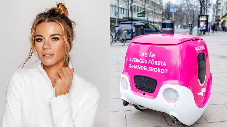 Roboten Doora levererar mat från Svenska Brasserier till Margaux Dietz