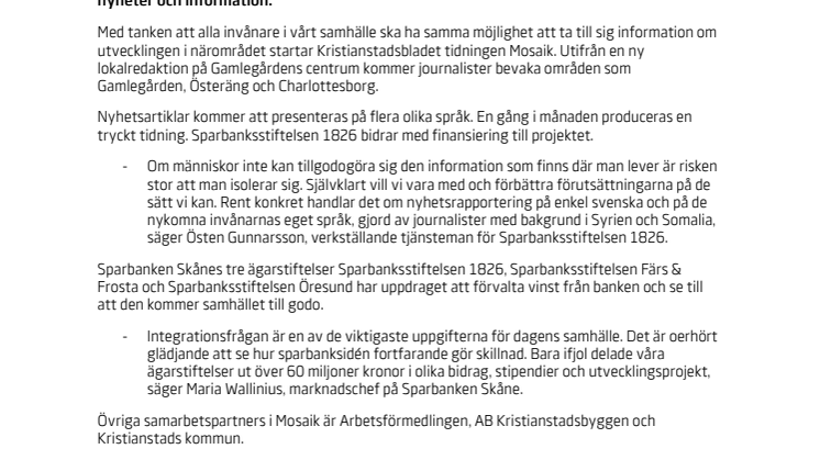 Sparbanksstiftelsen 1826 stödjer flerspråkiga medieprojektet Mosaik