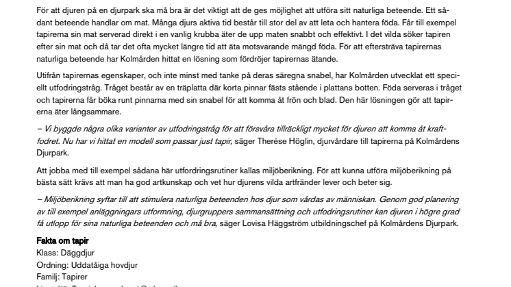 Kolmårdens tapirer äter nu långsammare