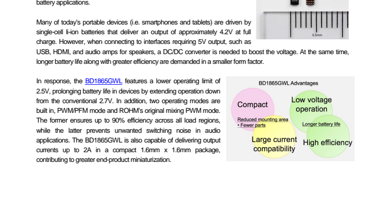 ROHM’s Compact, High-Efficiency, High Power Synchronous Boost DC/DC Converter IC---Contributes to improved performance and longer battery life in portables such as smartphones and tablets