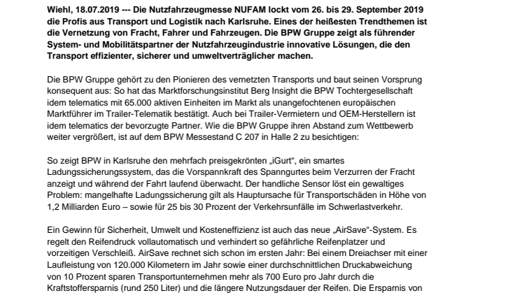 NUFAM: BPW zeigt Lösungen für den vernetzten Transport 