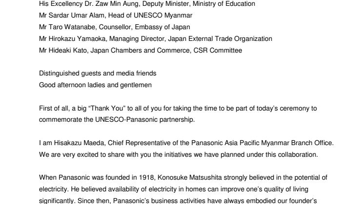 Speech by Mr Hisakazu Maeda on Panasonic-UNESCO partnership in Myanmar