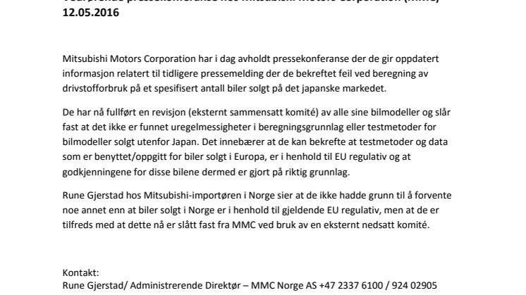 Vedrørende pressekonferanse hos Mitsubishi Motors Corporation (MMC) 12.05.2016