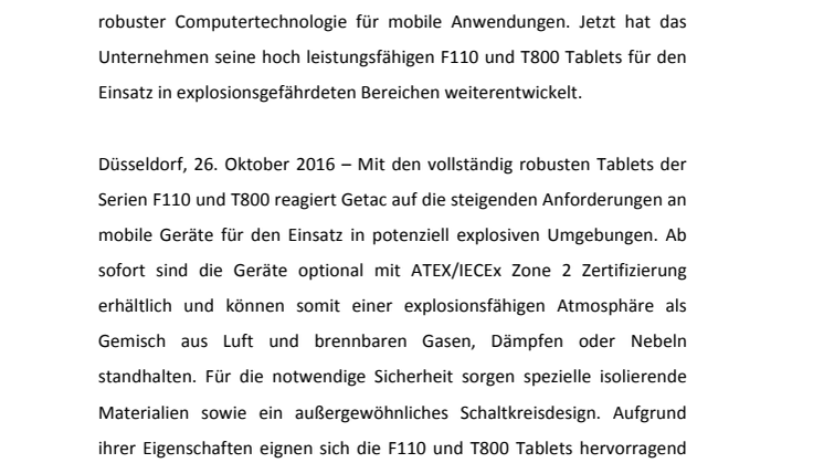 ​EXPLOSIONSSICHER: ROBUSTE F110 UND T800 TABLETS VON GETAC AB SOFORT AUCH MIT ATEX-ZERTIFIZIERUNG ERHÄLTLICH