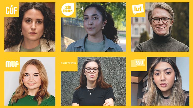 Réka Tolnai (CUF), Aida Badeli (Grön Ungdom), Alex Nilsson (LUF), Sofia Höglund (MUF), Ava Rudbeg (Ung Vänster) och Mariam Asghari (SSU). 