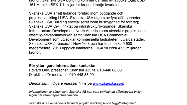 Skanska avbokar order i USA Building för totalt cirka 1,1 miljarder kronor