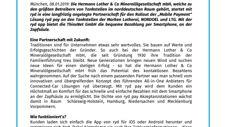 ryd macht Mobile Payment jetzt an vielen  Zapfsäulen in Norddeutschland mit Lotherol, NORDOEL und LTG möglich