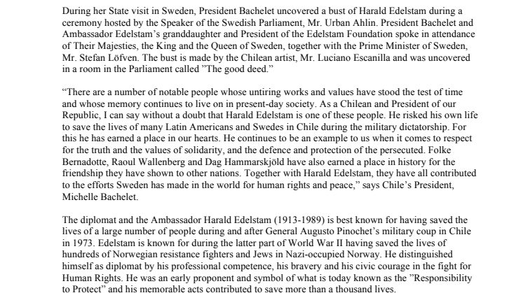 Chile’s President hands over a Statue of the diplomat hero Harald Edelstam to the Swedish Parliament