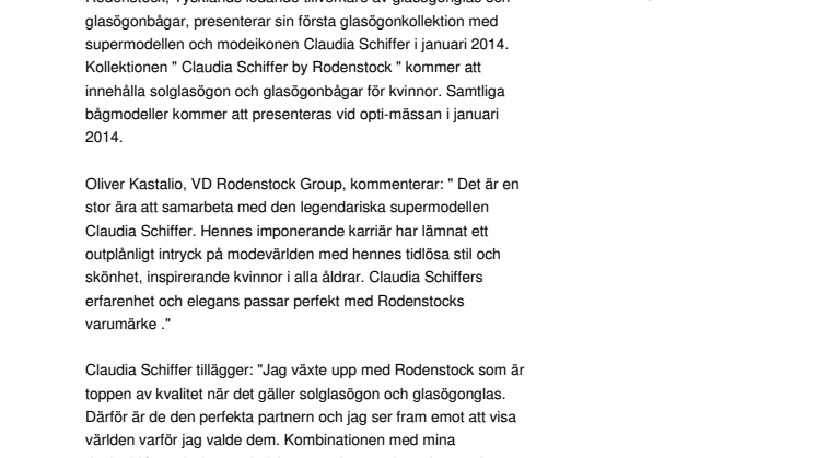 Claudia Schiffer och Rodenstock startar samarbetet "Claudia Schiffer by Rodenstock "