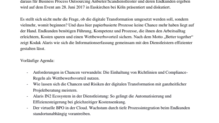Kodak Alaris lädt zum BPO/Scandienstleister Event ein