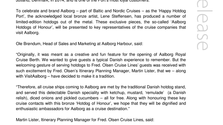 First ‘Aalborg Hotdog of Honour’ for award-winning Fred. Olsen Cruise Lines