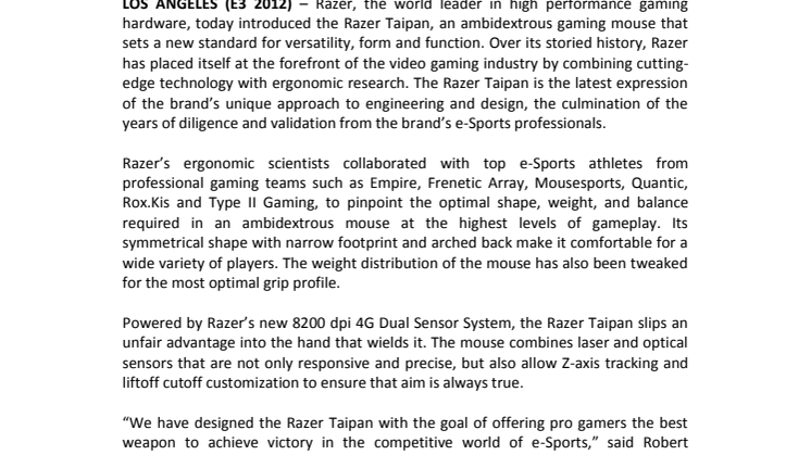 THE RAZER TAIPAN SETS THE NEW GAMING STANDARD FOR AMBIDEXTROUS MICE