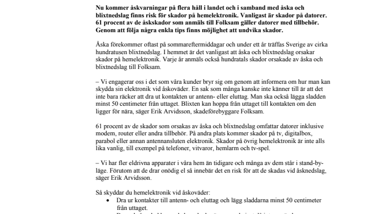  Folksam rapporterar: Datorhaveri vanligaste åskskadan i hemmet
