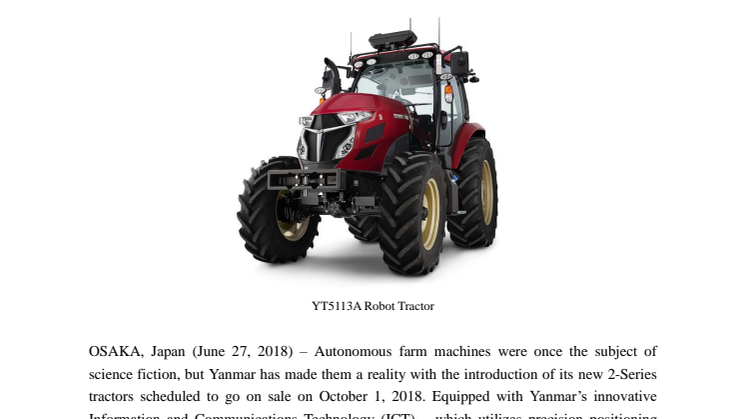 Yanmar Launches New Autonomous Tractors – Easing the Farmer’s Burden with Labor-saving ICT