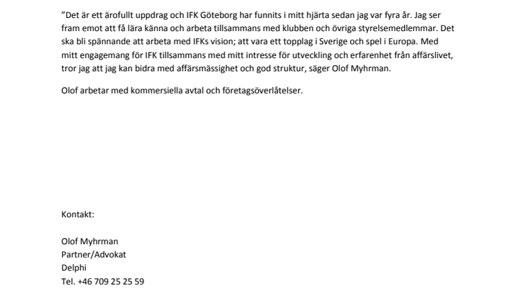 Olof Myhrman, partner på Delphi, ny styrelseledamot i IFK Göteborg