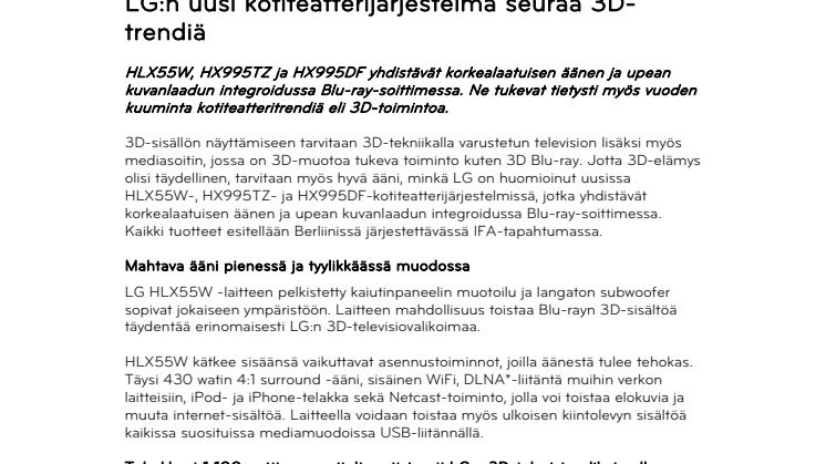 LG:n uusi kotiteatterijärjestelmä seuraa 3D-trendiä 