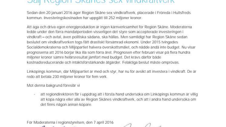 Sälj Region Skånes vindkraftverk till Linköping