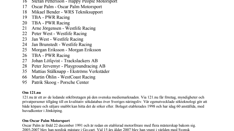 Startlista Carrera Cup Scandinavia 2010