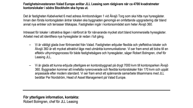JLL och Valad inleder uthyrningssamarbete