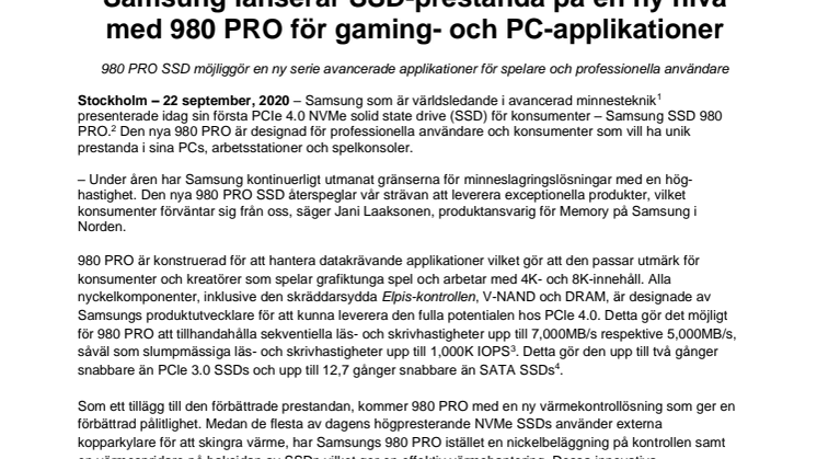 Samsung lanserar SSD-prestanda på en ny nivå med 980 PRO för gaming- och PC-applikationer