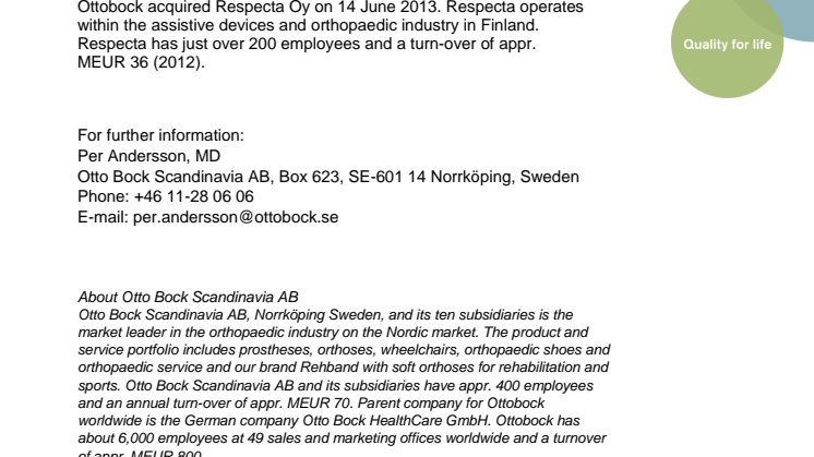 Ottobock acquires Respecta OY, Finland