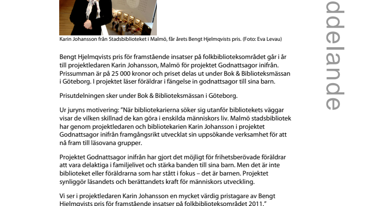 Årets folkbibliotekspris till Karin Johansson, Stadsbiblioteket!