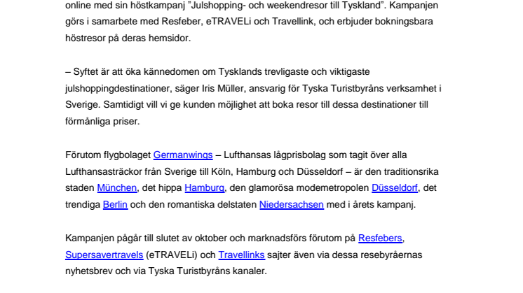 Tyska Turistbyråns höstkampanj: Julshopping- och weekendresor till Tyskland
