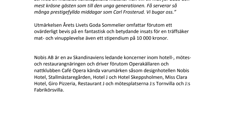 Carl Frosterud utsedd till årets sommelier av vinmagasinet Livets Goda