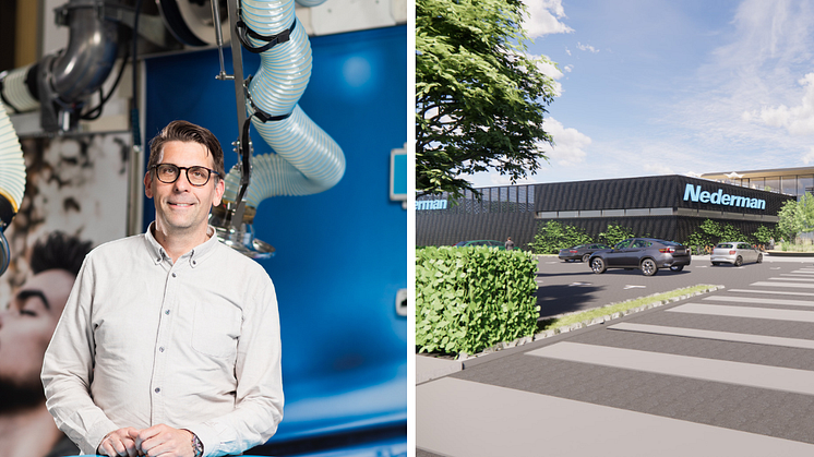 Fredrik Clausson och en visionsbild av Nedermans nya tillverknings- och logistikenhet.