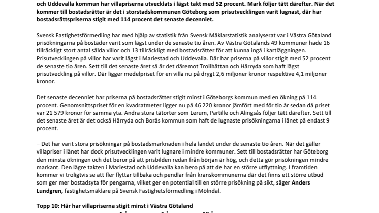 Unik kartläggning visar: Kommunerna i Västra Götaland med lägst prisökning på bostäder de senaste tio åren 