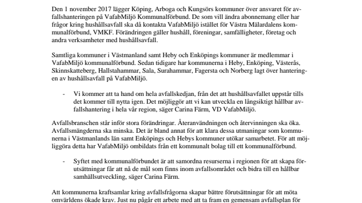 Nu utvidgas avfallssamarbetet med Köping, Arboga och Kungsör