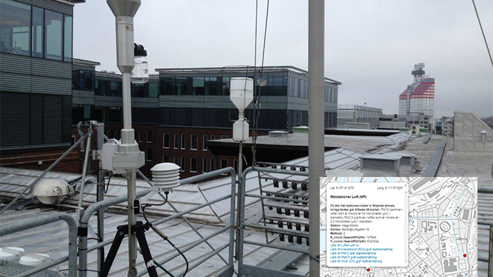Mätstationen för luft på Nordstans tak och ett urklipp från luftkartan. Foto: Miljöförvaltningen, Göteborgs Stad