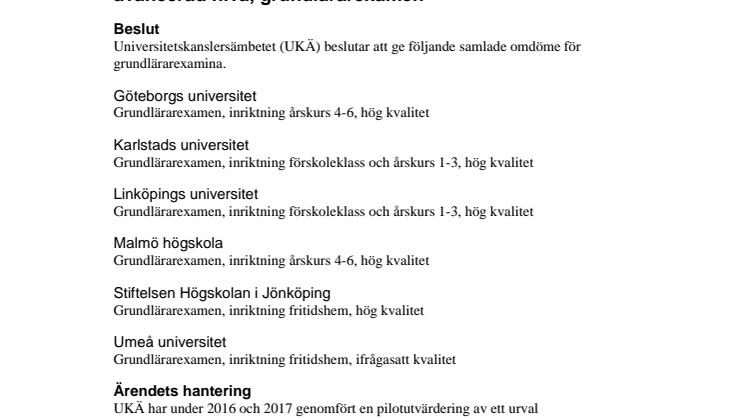 Beslut Pilotutvärdering av utbildning på grundnivå och avancerad nivå, grundlärarexamen
