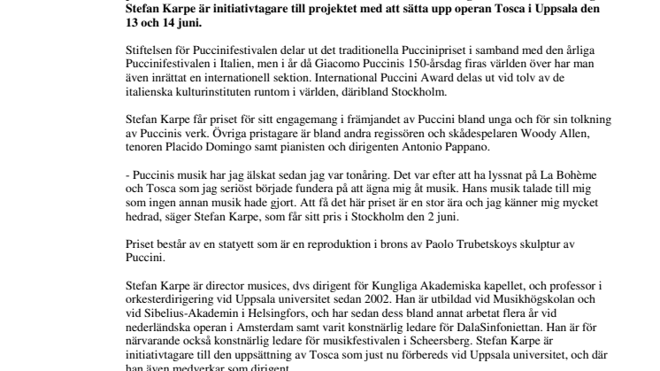 Stefan Karpe får internationellt Puccinipris
