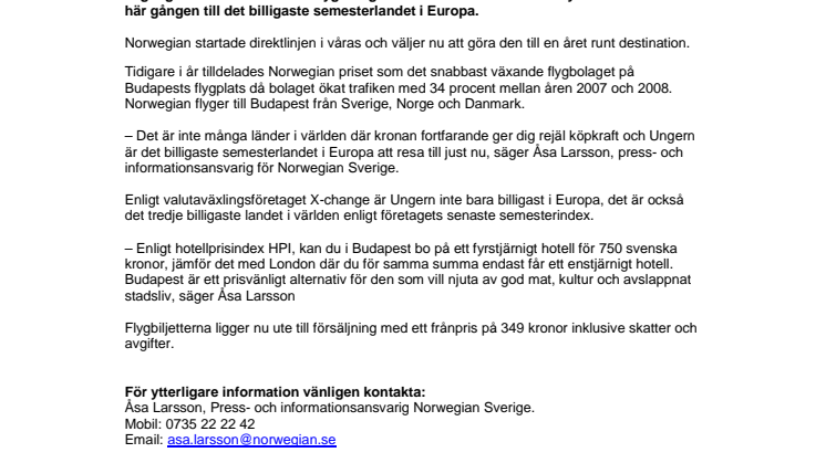 Budapest blir en destination året runt för Norwegian