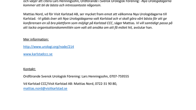 Nya Urologidagarna på Karlstad CCC 30 september till 2 oktober 2015