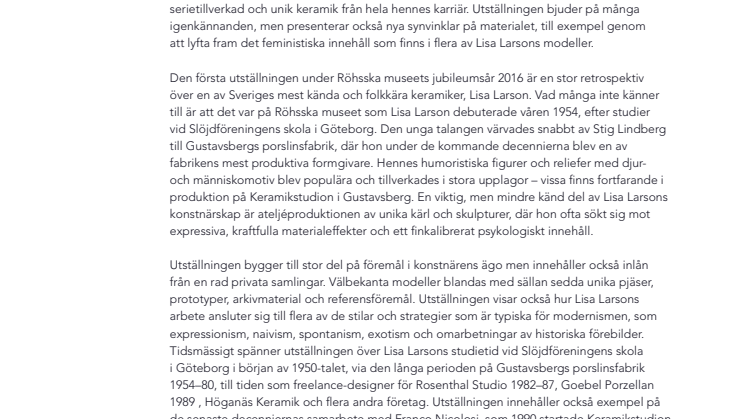 Sveriges mest folkkära keramiker Lisa Larson i stor retrospektiv