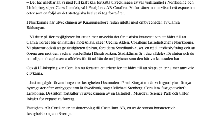 Corallen fullföljer affären i Norrköping och Linköping – köper återstående kommersiella delen av Ståhls Fastigheter 
