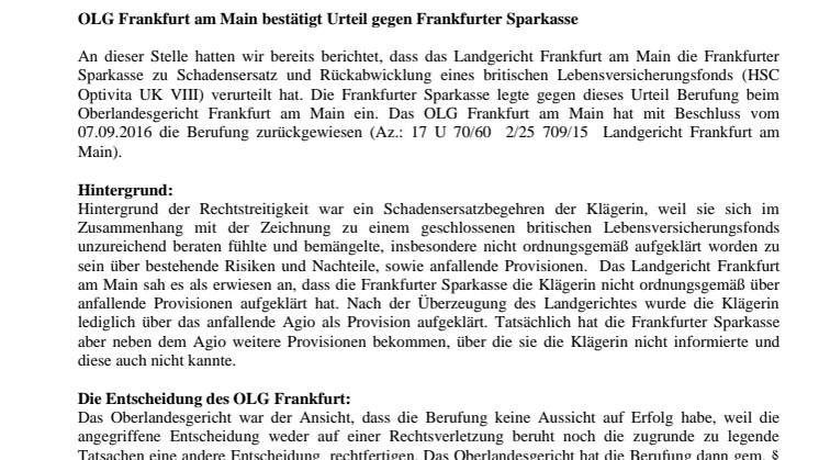 Lebensversicherungsfonds Krise aktuell: OLG Frankfurt am Main bestätigt Urteil gegen Frankfurter Sparkasse
