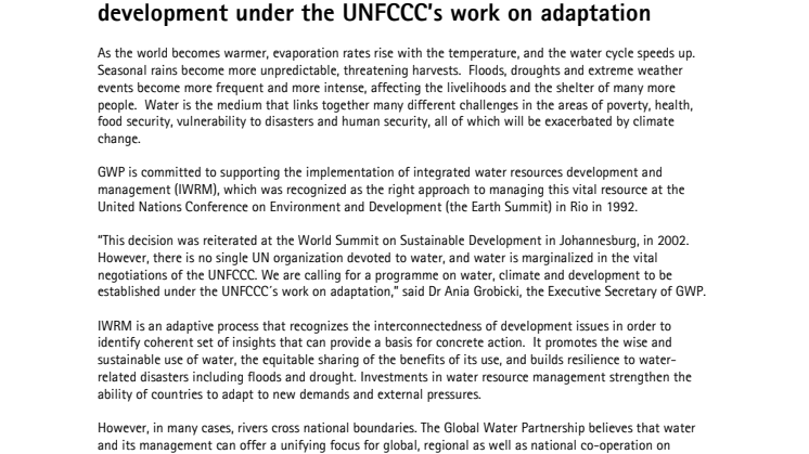 GWP calls for water adaptation programme under UNFCCC