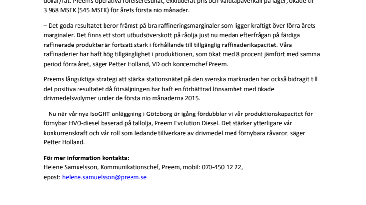 Fortsatt starkt resultat för Preem i tredje kvartalet 