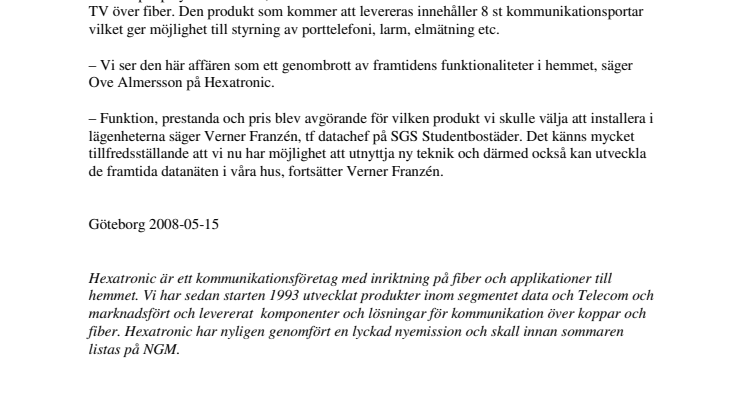 Hexatronic levererar triple play med CATV till SGS Studentbostäder i Götegorg