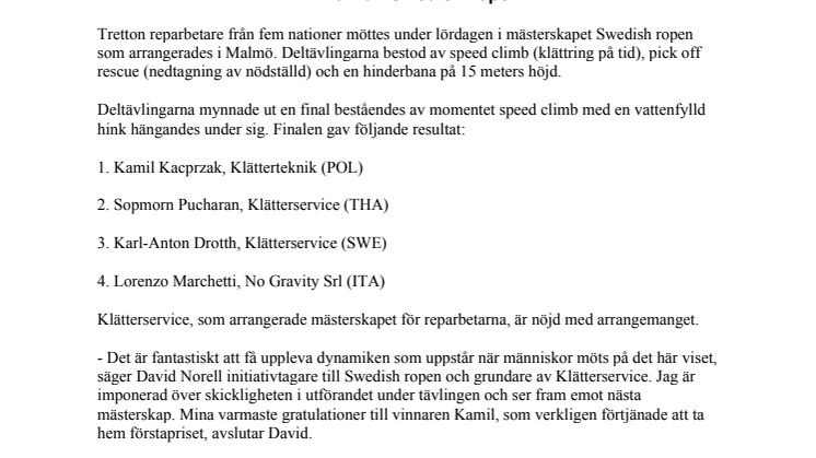 Fyra nationaliteter till final i  Swedish ropen