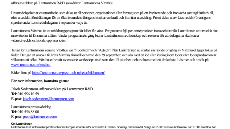 Lantmännen vinner Livsmedelspriset 2019