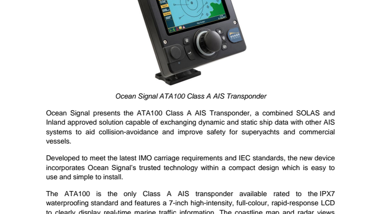 Ocean Signal Presents ATA100 Class A AIS Transponder
