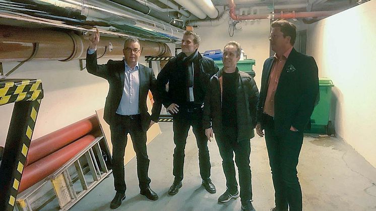 Från vänster: Mats Eriksson, VD på EFFAB med Dan Sellgren, specialist VVS-installationer, Torbjörn Backlund, teknisk förvaltare och beställare, samt Lennart Lifenhjelm, chef teknikstöd från Vasakronan.