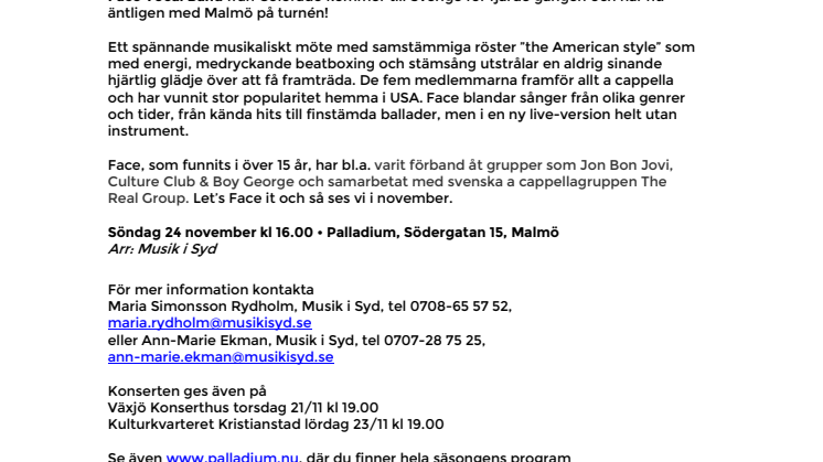 A capella ”the American style” – Face Vocal Band på Palladium Malmö 24 november