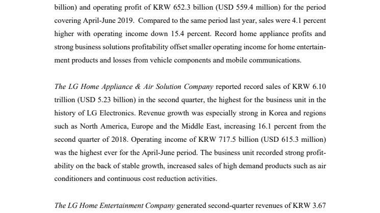 LG ANNOUNCES SECOND-QUARTER 2019  FINANCIAL RESULTS 