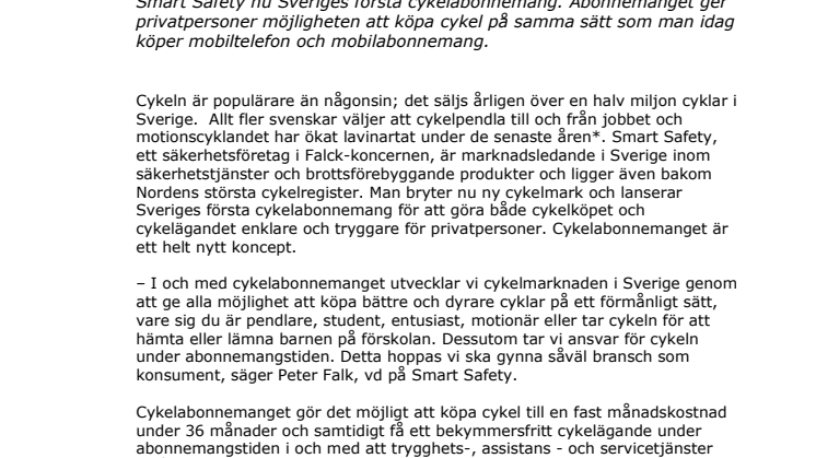 Smart Safety lanserar Sveriges första cykelabonnemang